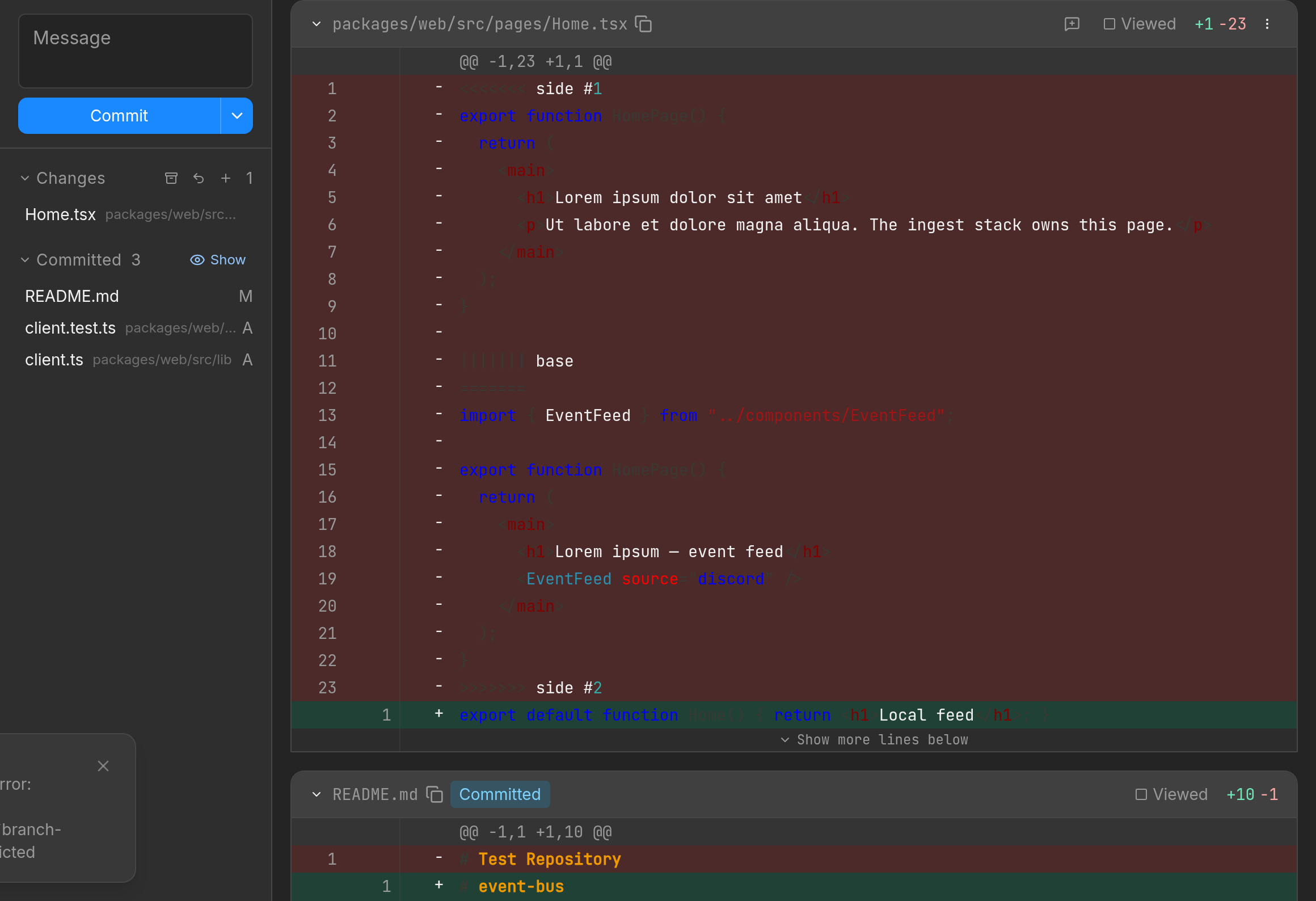 Changes in feat/empty-event-message with a different uncommitted Home.tsx edit