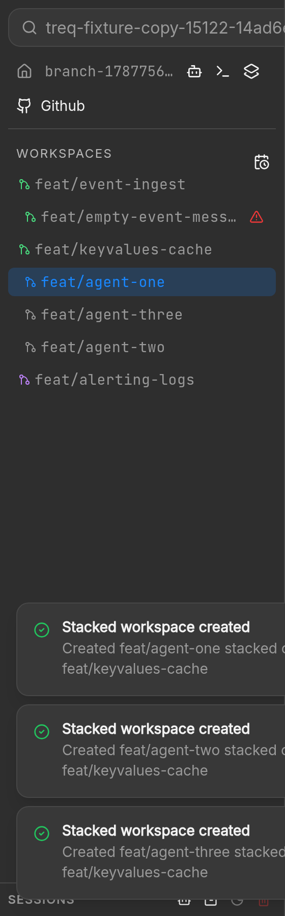 Sidebar after three new agent workspaces appear
